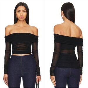Lovers + Friends Black Off-Shoulder knit Mesh Crop Top